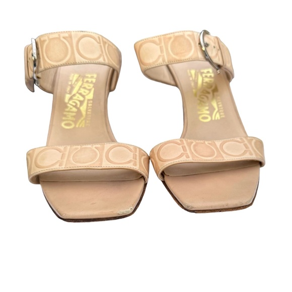 Salvatore Ferragamo Beige Signature Pattern Leather Heeled Buckle Sandal Women’s - Picture 11 of 17